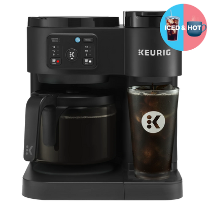 KupofK Coffee Keurig K-Duo Essentials black coffee maker with carafe for hot and iced single-serve K-Cup brewing.