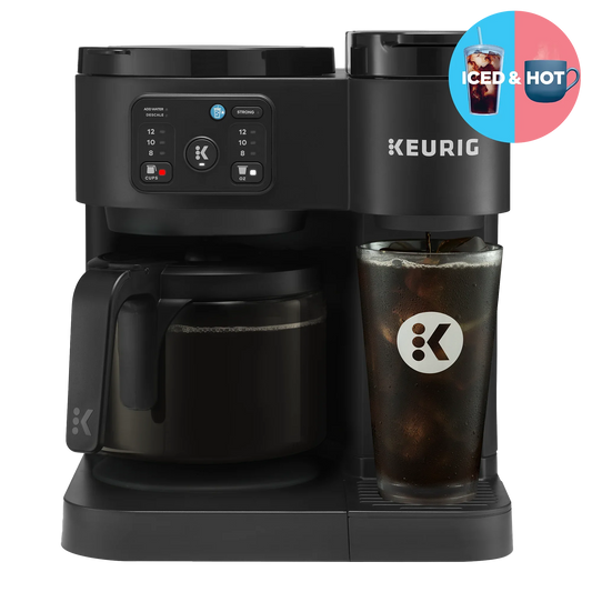 KupofK Coffee Keurig K-Duo Essentials black coffee maker with carafe for hot and iced single-serve K-Cup brewing.