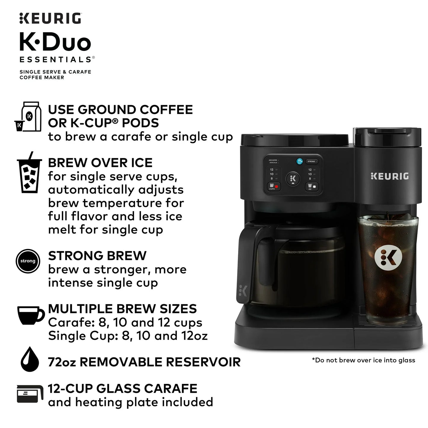 KupofK Coffee Keurig K-Duo Essentials black coffee maker with carafe, single-serve K-Cup pod brewing for hot and iced coffee.