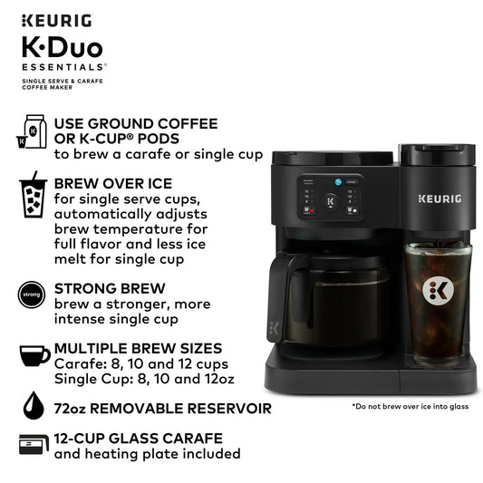 KupofK Coffee Keurig K-Duo Essentials black coffee maker with carafe, single-serve K-Cup pod brewing for hot and iced coffee.