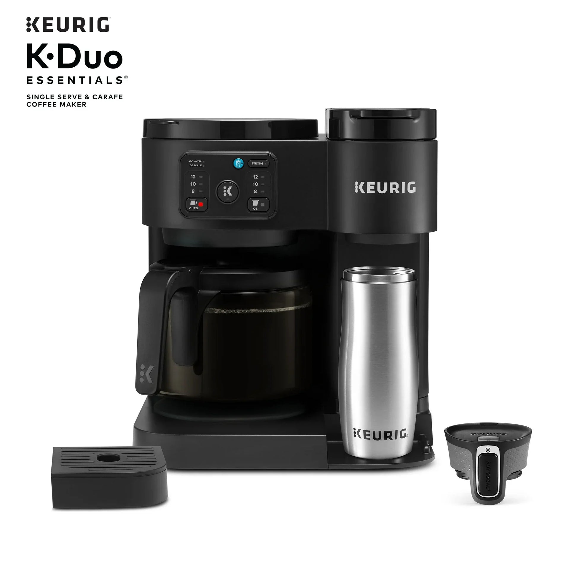 Black KupofK Coffee Keurig K-Duo Essentials coffee maker with carafe, featuring hot and iced single-serve K-Cup brewing.
