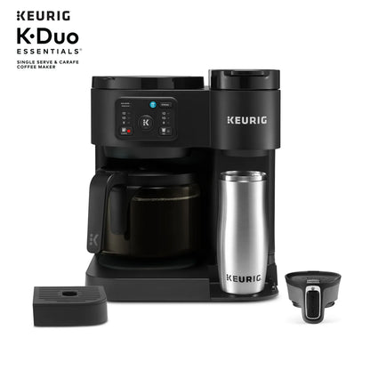 Black KupofK Coffee Keurig K-Duo Essentials coffee maker with carafe, featuring hot and iced single-serve K-Cup brewing.
