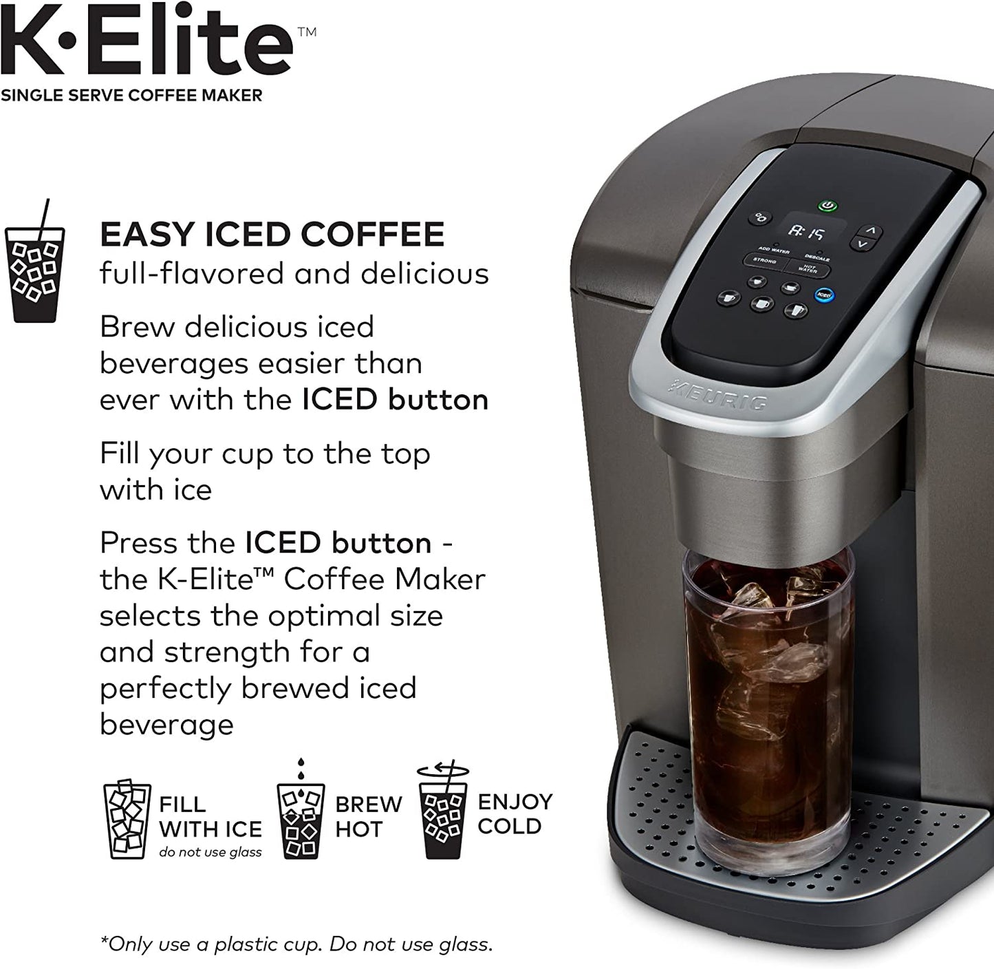 KupofK Coffee Keurig K-Elite single-serve coffee maker in brushed silver with 12oz brew size, showcasing the compact countertop design.
