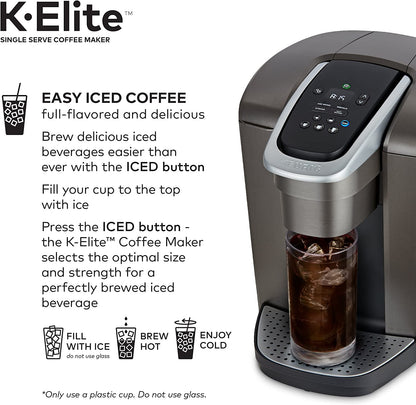 KupofK Coffee Keurig K-Elite single-serve coffee maker in brushed silver with 12oz brew size, showcasing the compact countertop design.