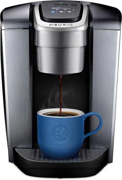 KupofK Coffee Keurig K-Elite single-serve coffee maker in brushed silver with 12oz brew size for fresh coffee.