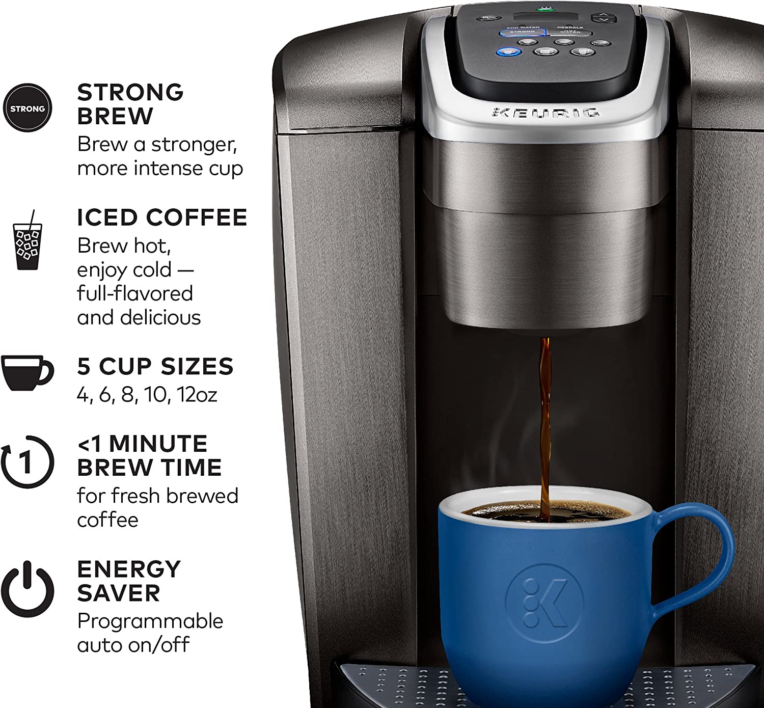 KupofK Coffee Keurig K-Elite single-serve coffee maker in brushed silver with 12oz brew size on display.