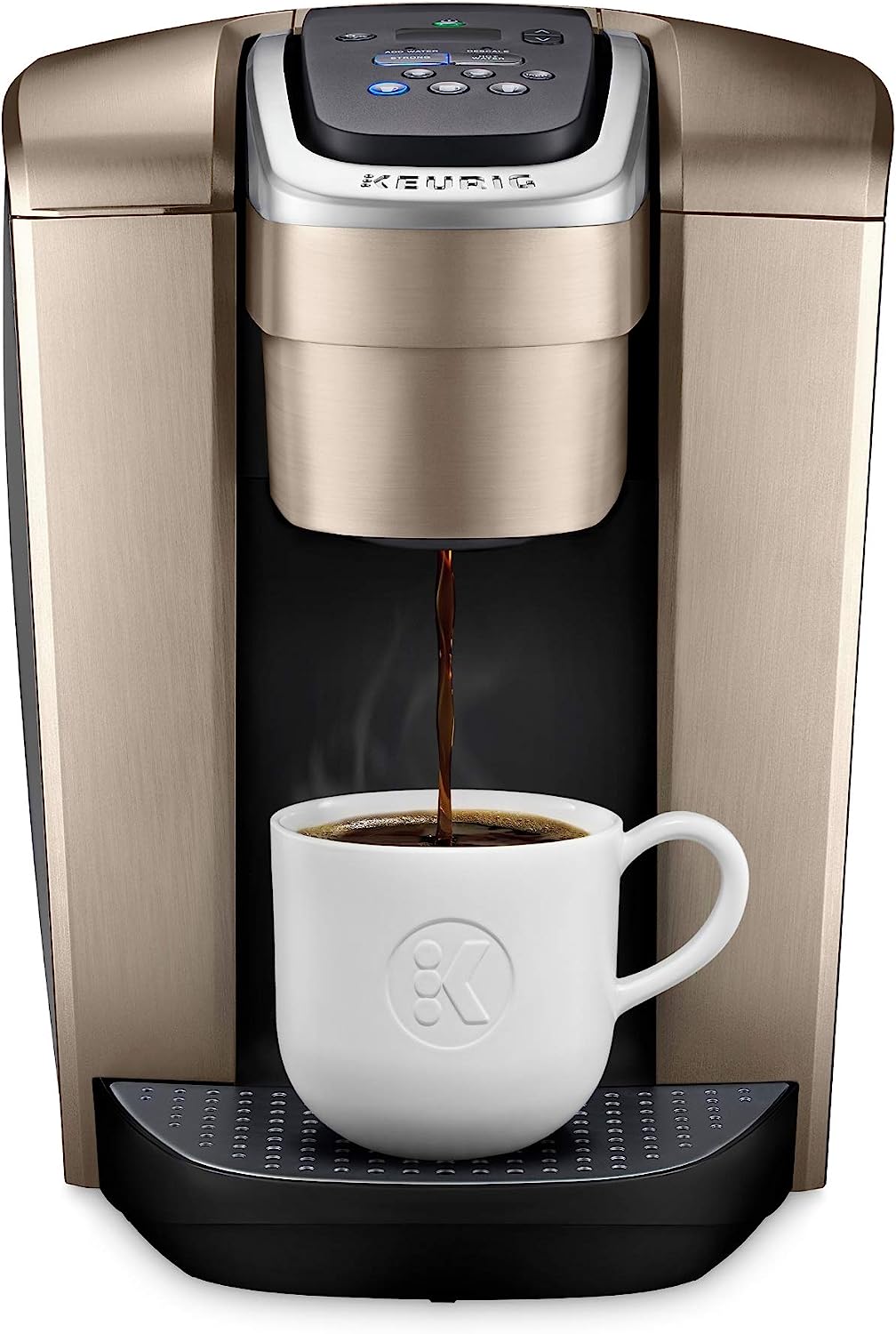 KupofK Coffee Keurig K-Elite single-serve coffee maker in brushed silver with 12oz brew size, showing the sleek design and water reservoir.