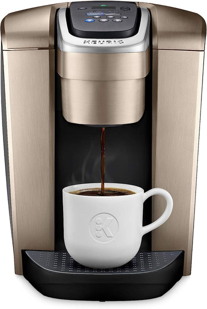 KupofK Coffee Keurig K-Elite single-serve coffee maker in brushed silver with 12oz brew size, showing the sleek design and water reservoir.
