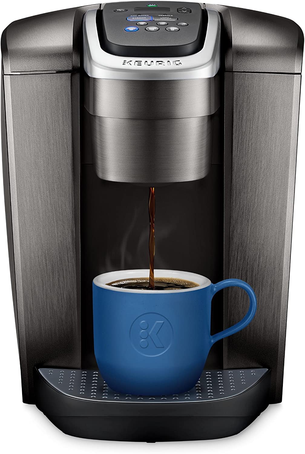 KupofK Coffee Keurig K-Elite single-serve coffee maker in brushed silver with 12oz brew size, ready for brewing coffee.