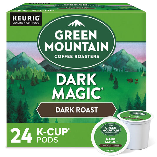 Green Mountain Dark Magic K-cups by KupofK Coffee for Keurig, displayed in a bulk box with 96 coffee pods.