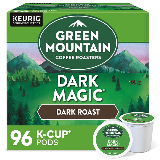 Green Mountain Dark Magic K-cups by KupofK Coffee, single-serve coffee pods in a bulk box of 96 for Keurig brewers.