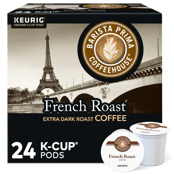 KupofK Coffee Barista Prima French Roast K-Cups for coffee makers, dark roasted coffee capsules in black packaging.