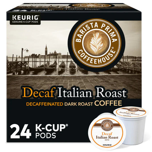 KupofK Coffee Barista Prima Decaf Italian Roast K-cups for coffee brewing, featuring rich, decaffeinated Italian roast coffee in single-serve cups.