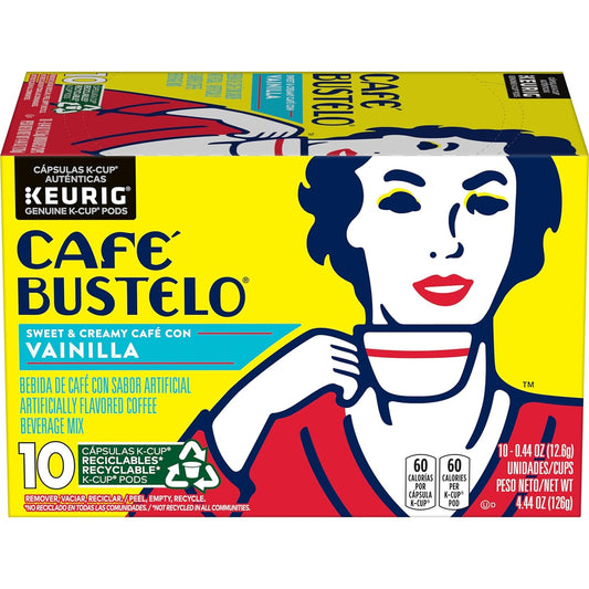 KupofK Coffee Cafe Bustelo Cafe Con Vainilla K-cups for coffee brewing, featuring vanilla flavor in convenient single-serve pods.