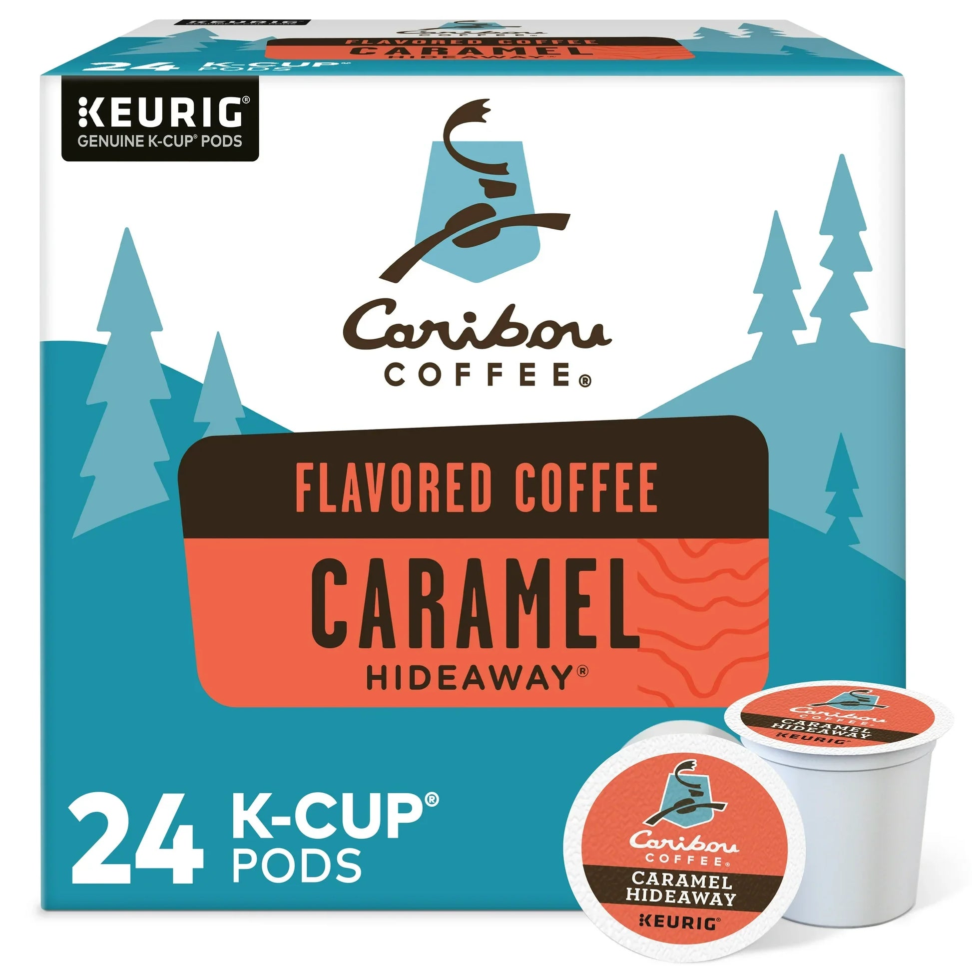 KupofK Coffee Caribou Caramel Hideaway K-cups for coffee brewers, featuring rich caramel flavor in individual coffee pods.