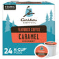 KupofK Coffee Caribou Caramel Hideaway K-cups for coffee brewers, featuring rich caramel flavor in individual coffee pods.