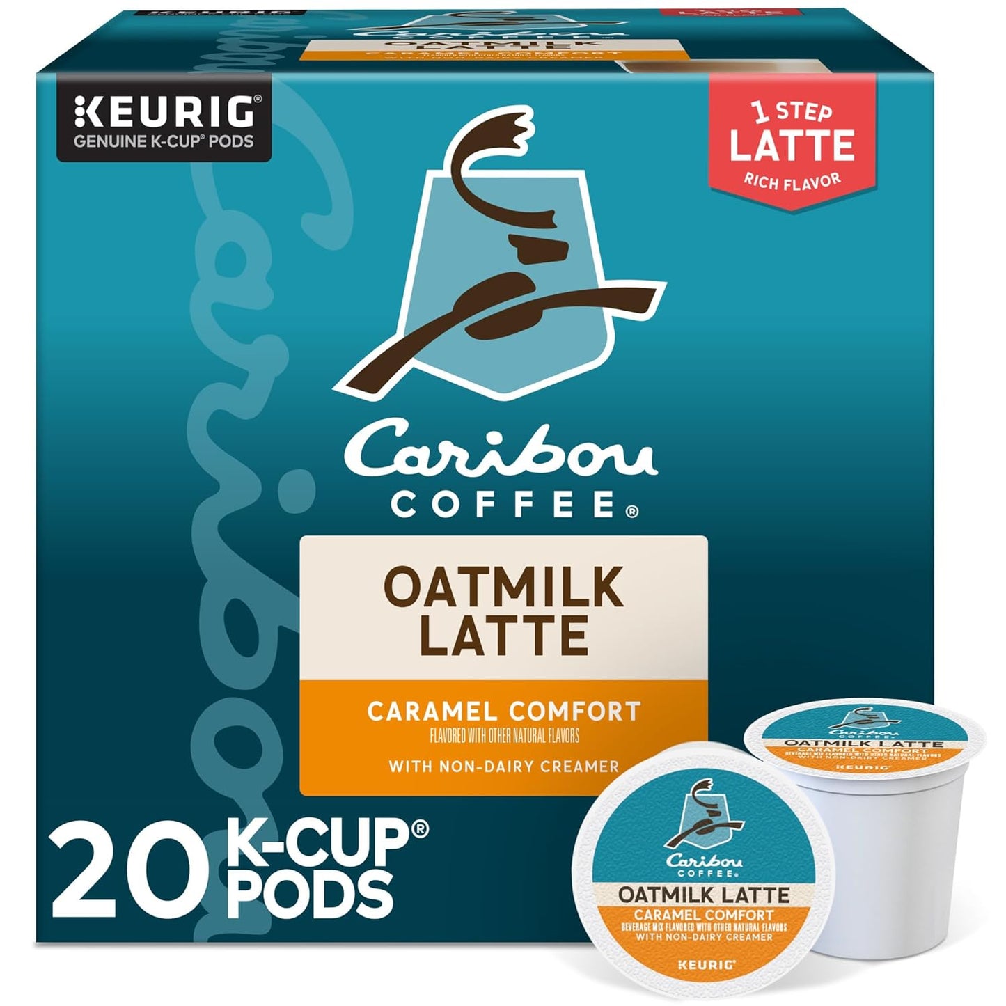 KupofK Coffee Caribou Coffee Caramel Comfort Oatmilk Latte K-cups, single-serving coffee pods with caramel and oatmilk flavor.