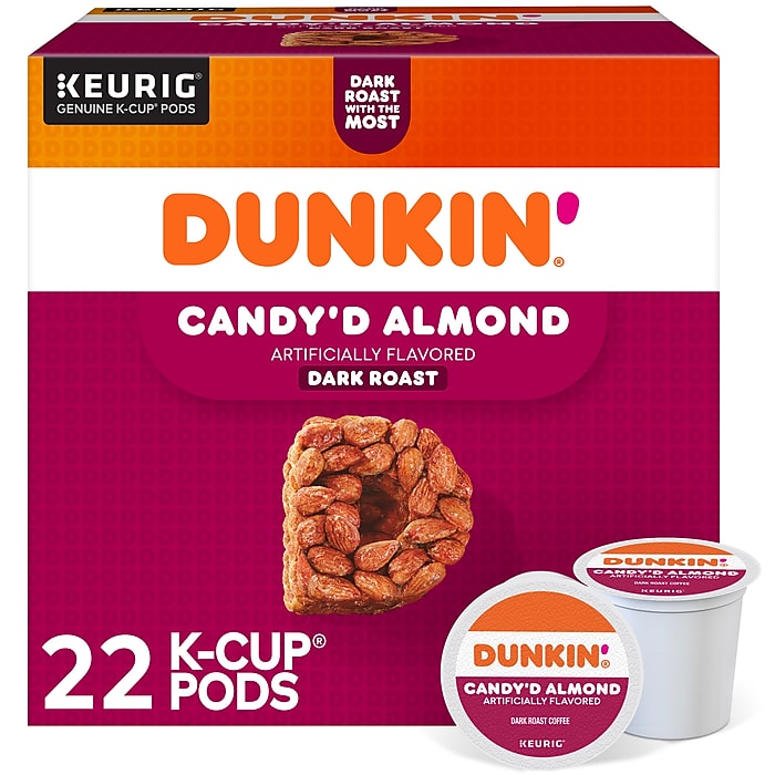 KupofK Coffee Dunkin Candy'd Almond Coffee K-cups, single-serve coffee pods with almond flavor for Keurig brewers.