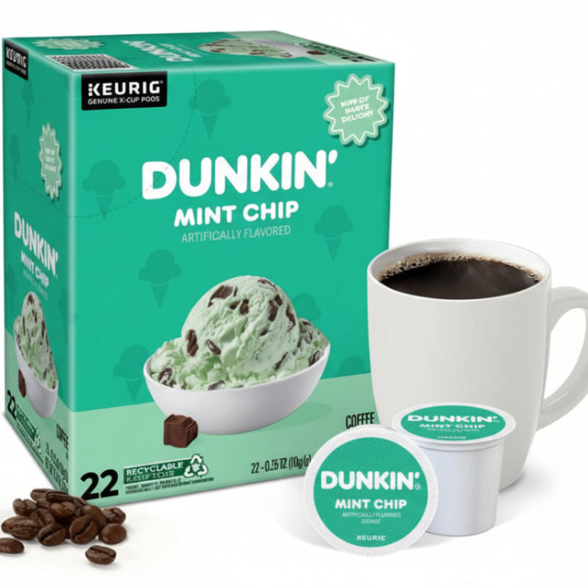 KupofK Coffee Dunkin Mint Chip Keurig K-cup coffee pods with mint chocolate flavor for Keurig brewers.
