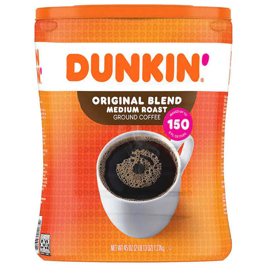 KupofK Coffee Dunkin Original Blend Ground Coffee Medium Roast in 45oz bag, showing the coffee packaging with branding and product details.