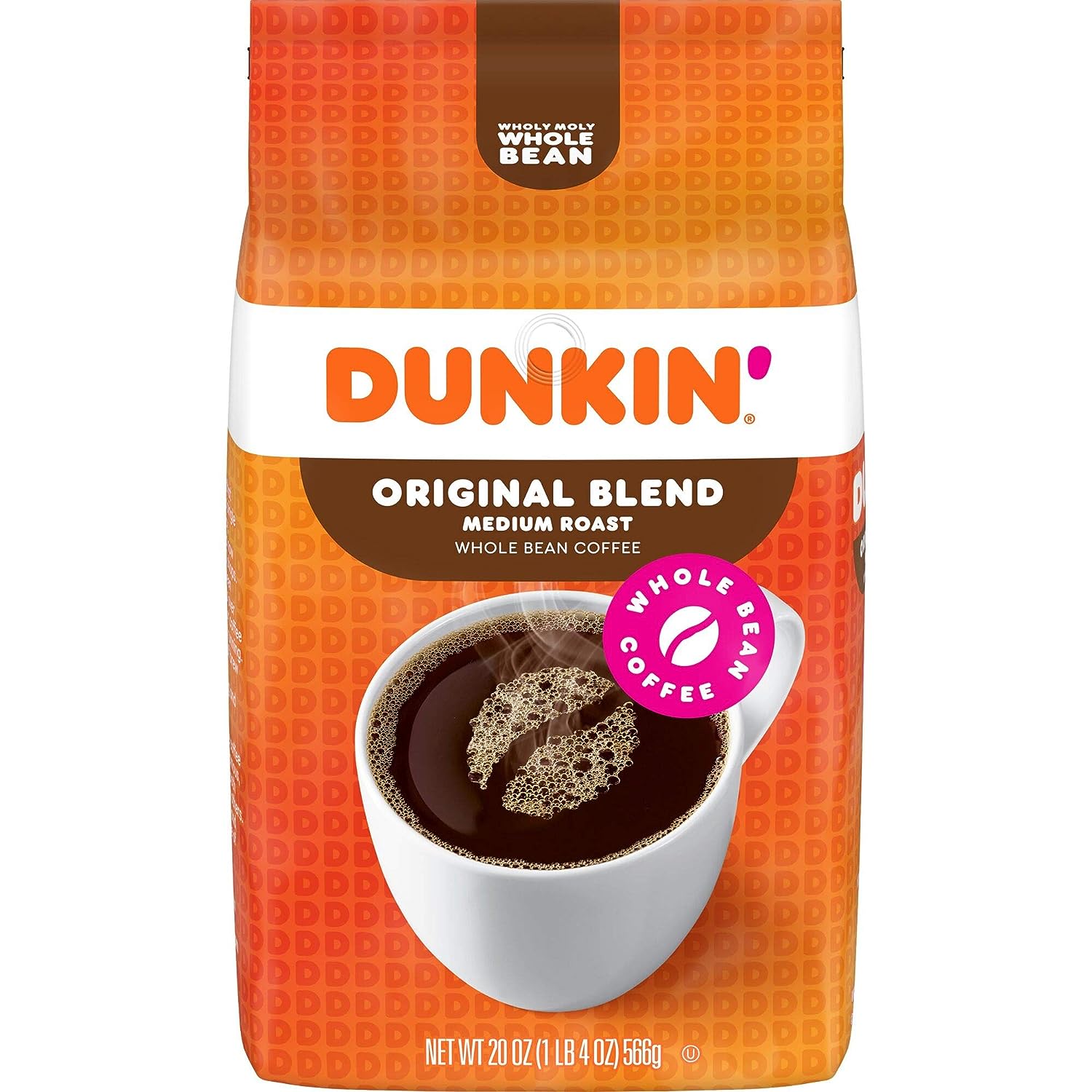 KupofK Coffee Dunkin Original Blend medium roast whole bean coffee in a clear bag with beans visible inside.