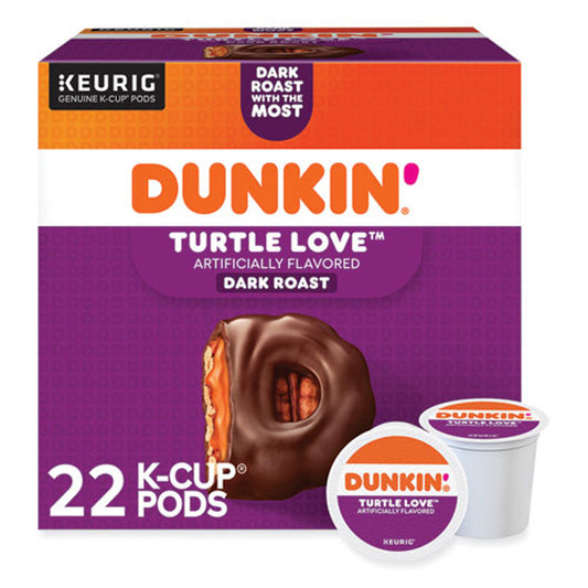 KupofK Coffee Dunkin' Turtle Love K-cups for coffee, featuring rich chocolate and caramel flavors in a convenient single-serve pod