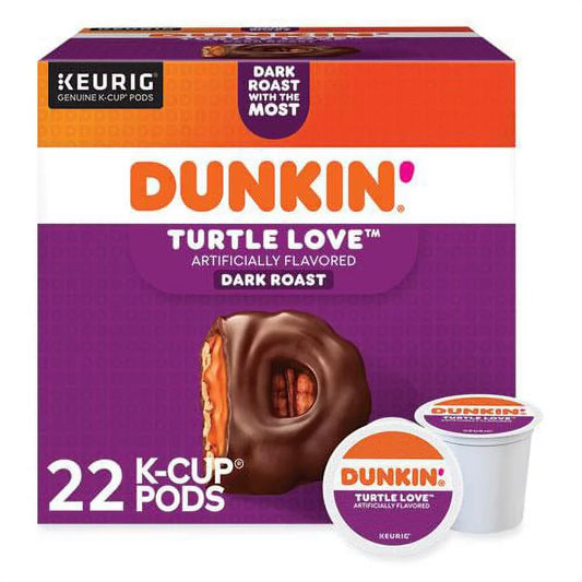 KupofK Coffee Dunkin' Turtle Love K-cups for coffee brewing, featuring rich chocolate and caramel flavors in a convenient pack