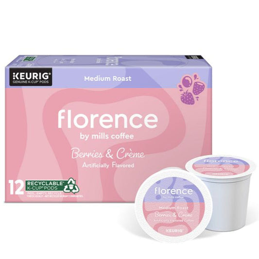 KupofK Coffee Florence by Mills Coffee Berries and Crème, a rich coffee blend with berry and creamy notes, in a steaming cup.