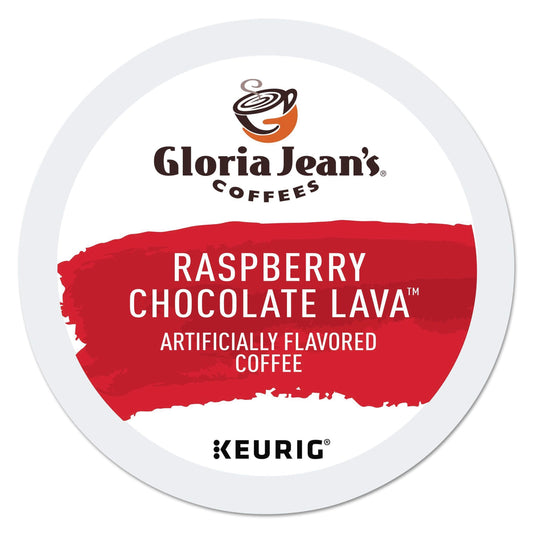 Gloria Jean's Raspberry Chocolate Lava K-cups by KupofK Coffee, showcasing coffee capsules with raspberry and chocolate flavor.