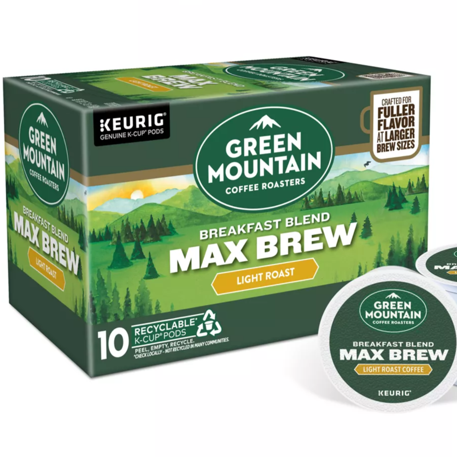 KupofK Coffee Green Mountain Breakfast Blend Max Brew Coffee K-cups, aromatic single-serve coffee pods for Keurig machines.