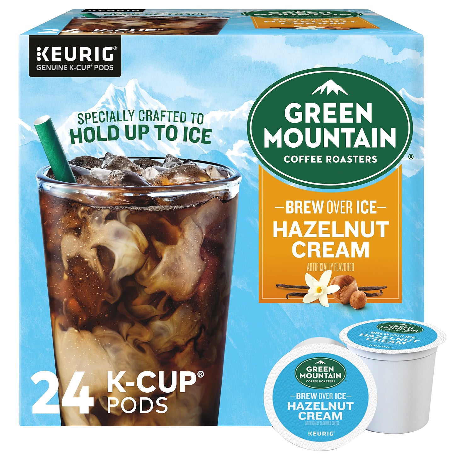 Green Mountain Brew Over Ice Hazelnut Cream coffee K-cups by KupofK Coffee, ready for brewing and enjoying a flavorful iced coffee.