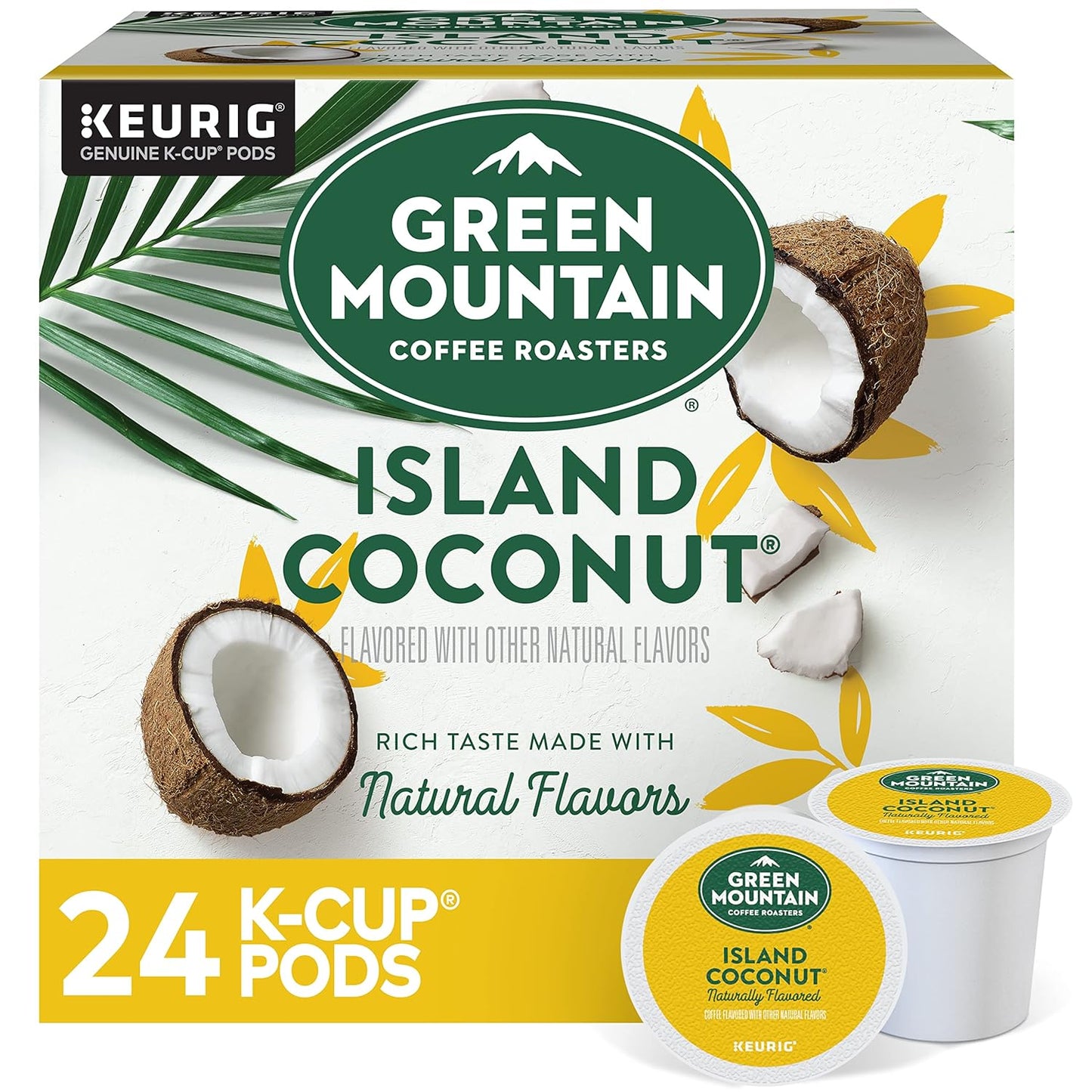 KupofK Coffee Green Mountain Coffee Island Coconut in a bag, showcasing the coffee packaging with tropical coconut flavor branding.
