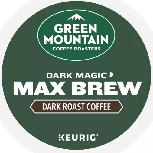 Green Mountain Dark Magic Max Brew Coffee K-cups by KupofK Coffee, stacked in packaging with dark green and black design.