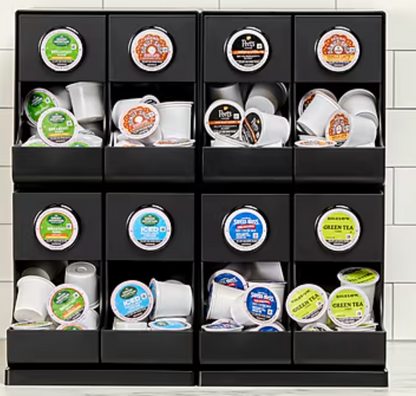KupofK Coffee Keurig 8-compartment coffee organizer with labeled sections for coffee pods and accessories.
