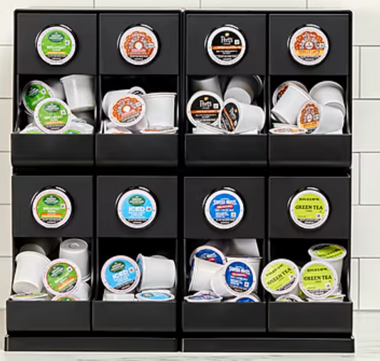KupofK Coffee Keurig 8-compartment coffee organizer with labeled sections for coffee pods and accessories.