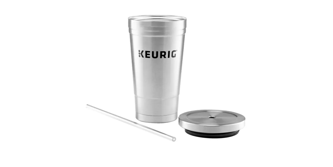 KupofK Coffee Brew Over Ice Tumbler for Keurig coffee, stainless steel design with a clear lid and insulated body for cold beverages.