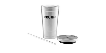 KupofK Coffee Brew Over Ice Tumbler for Keurig coffee, stainless steel design with a clear lid and insulated body for cold beverages.