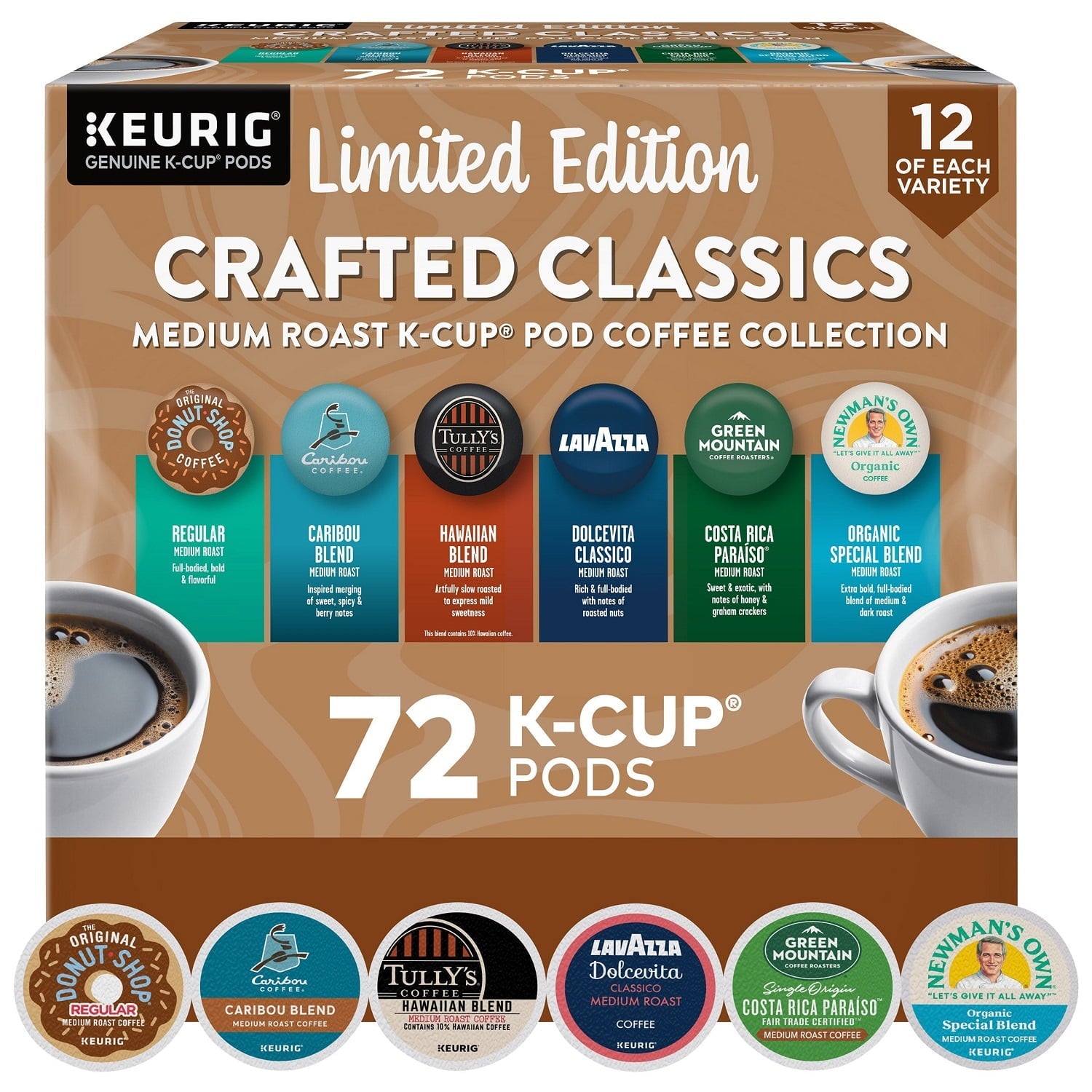 KupofK Coffee Keurig Crafted Classics Variety Pack K-Cup Pods, 72-count, featuring assorted coffee flavors in individual pods.