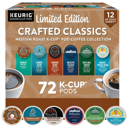 KupofK Coffee Keurig Crafted Classics Variety Pack K-Cup Pods, 72-count, featuring assorted coffee flavors in individual pods.