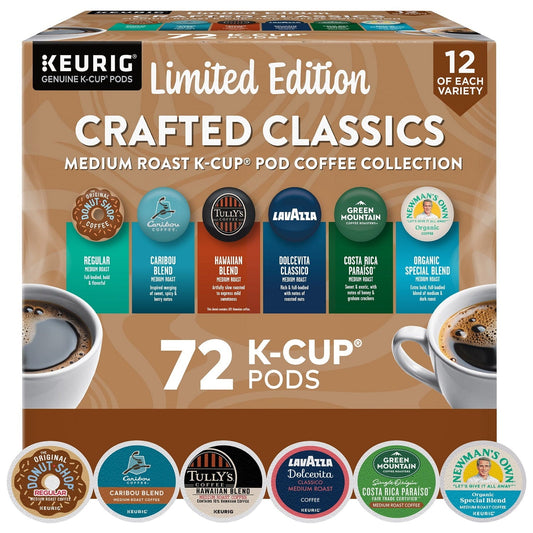 KupofK Coffee Keurig Crafted Classics Variety Pack K-Cup Pods, 72-count, featuring assorted coffee flavors in individual pods.