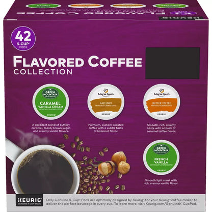 KupofK Coffee flavored coffee collection with 42 K-cups for Keurig coffee makers, featuring a variety of coffee flavors.