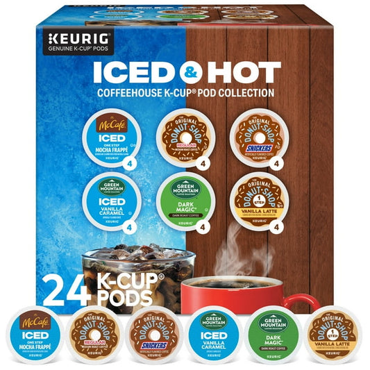KupofK Coffee Iced & Hot Variety Coffeehouse Collection K-cups for Keurig coffee maker, assorted coffee flavors in individual pods.