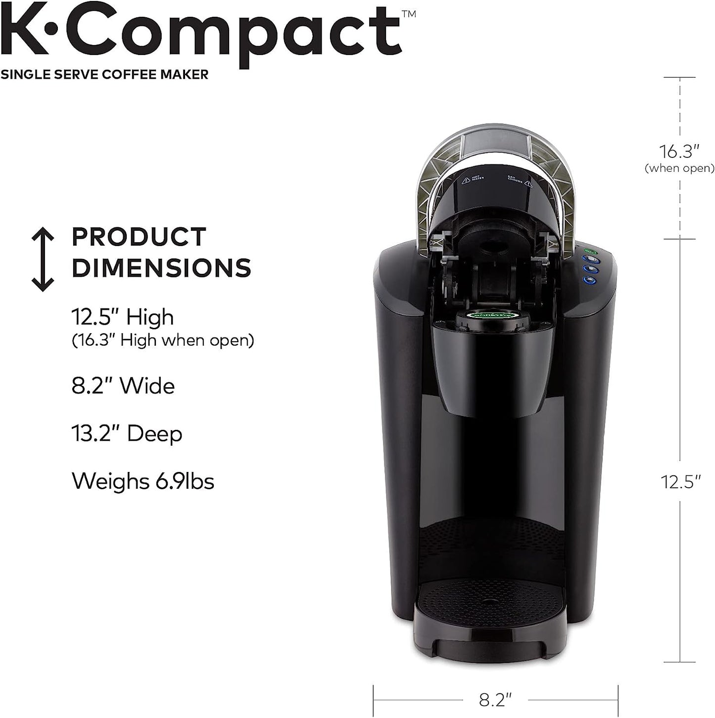 Keurig K-Compact single-serve coffee maker in black by KupofK Coffee, compact design with coffee brewing components visible.