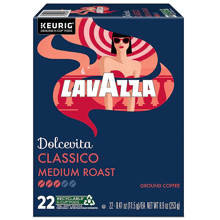 Lavazza Classico Coffee K-cups by KupofK Coffee, single-serve coffee pods for Keurig machines, display of coffee pods in a box