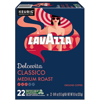 Lavazza Classico Coffee K-cups by KupofK Coffee, single-serve coffee pods for Keurig machines, display of coffee pods in a box