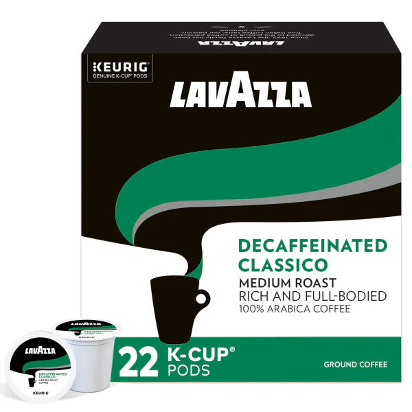 Lavazza Decaf Classico coffee K-cups by KupofK Coffee, showing a box of individual coffee pods for Keurig brewers.