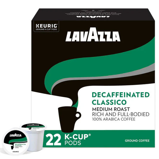 Lavazza Decaf Classico coffee K-cups by KupofK Coffee, showing a box of individual coffee pods for Keurig brewers.