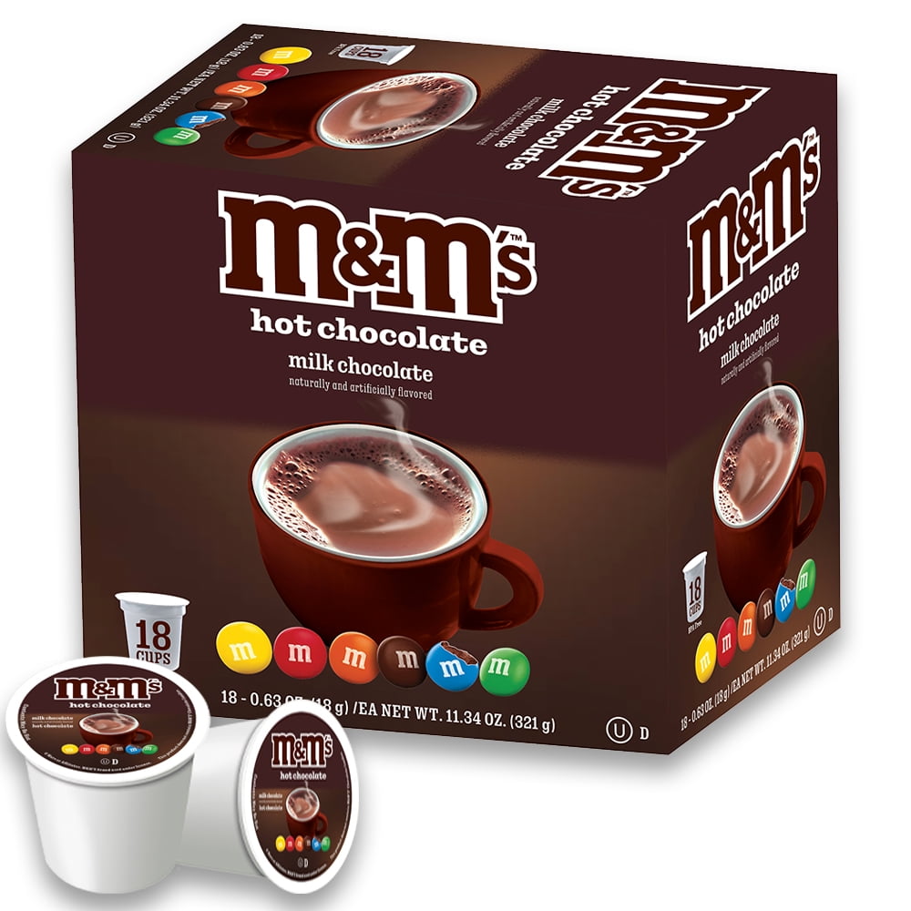 KupofK Coffee M&M's Milk Chocolate Flavored Hot Cocoa K-cups for coffee makers, featuring colorful packaging with hot cocoa and M&M's branding.