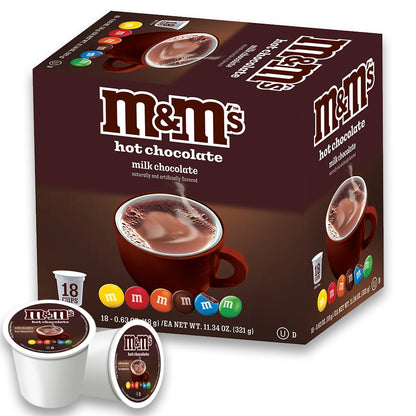 KupofK Coffee M&M's Milk Chocolate Flavored Hot Cocoa K-cups for coffee makers, featuring colorful packaging with hot cocoa and M&M's branding.