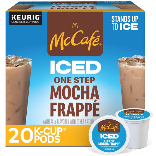 KupofK Coffee McCafé Iced One Step Mocha Frappé K-cups for coffee brewing, featuring chocolate and coffee flavor in a convenient package.